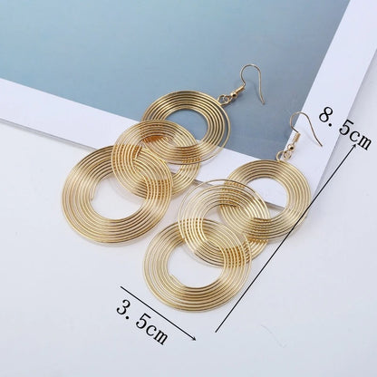Gold 3 Circle Geometric Long Dangle Earrings Women Boho Jewelry