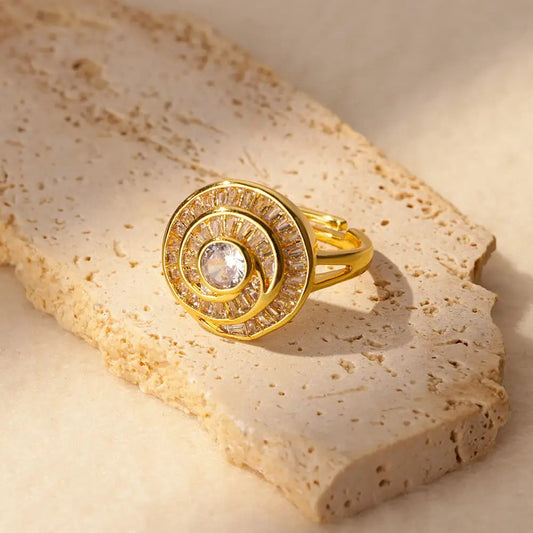 Gold Round Zircon Open Ring Stainless Steel Geometric Wedding Jewelry for Women