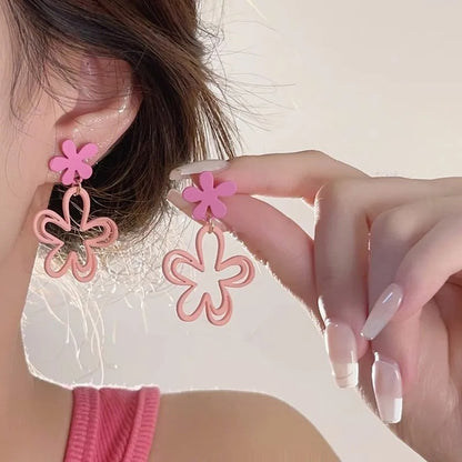 Cute Pink Flower Dangle Earrings Women Party Jewelry Gift