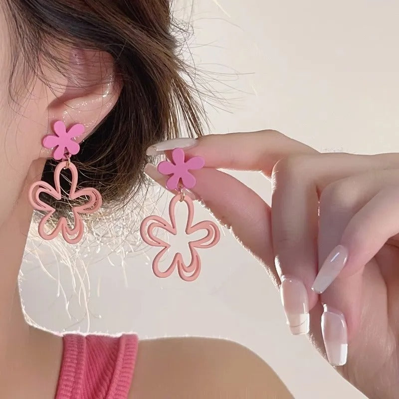 Pink Flower Drop Earrings for Women Hollow Out Spray Paint Double Layer Petal Dangle Earrings Cute Girls Party Jewelry Gift