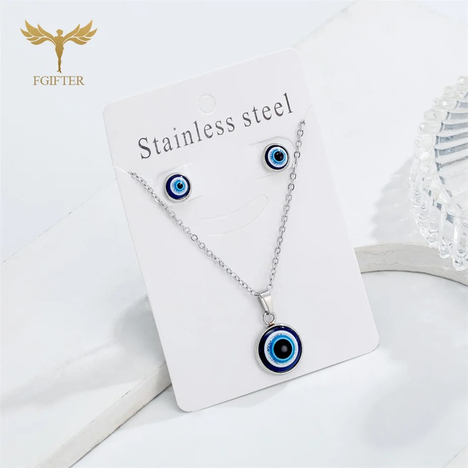 Turkey Evil Eye Jewelry Set Blue Resin Necklace & Stud Earrings