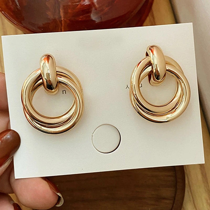 Double Layer Round Circle Dangle Earrings for Women Vintage Simple European Golden Metal Drop Earrings Jewelry Gift