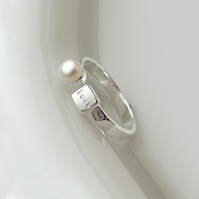 925 Sterling Silver Geometric Pearl Letter Ring – Adjustable Korean Fashion Couple Gift