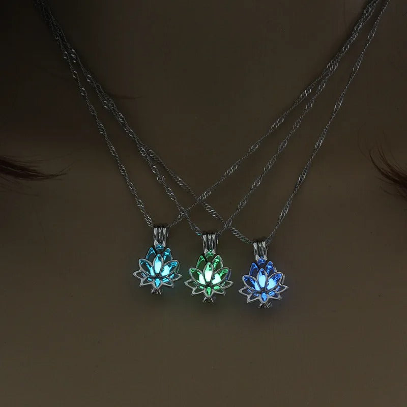 Luminous Glowing In The Dark Moon Lotus Flower Shaped Pendant Necklace For Women Yoga  Jewelry