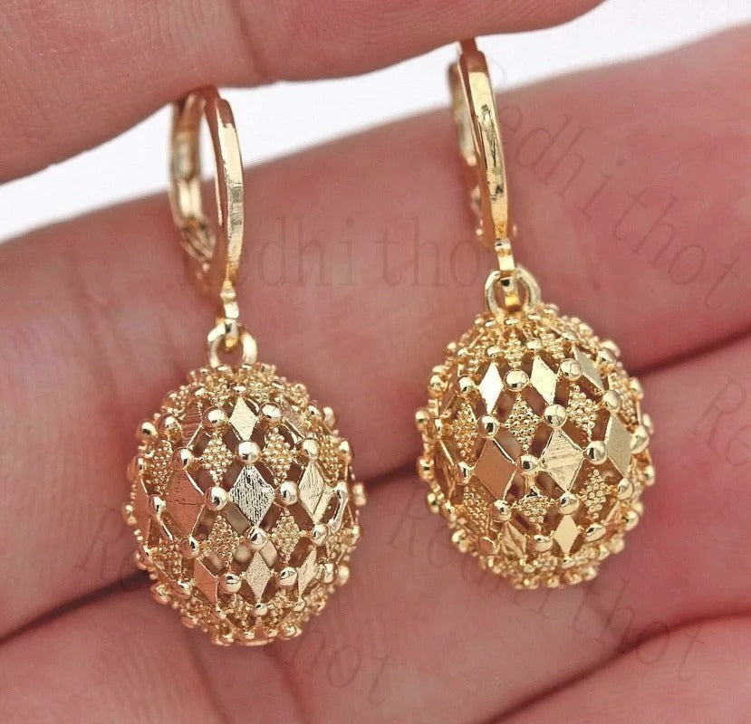 Classic Gold Drop Earrings Engraved Metal Hollow Sphere Design