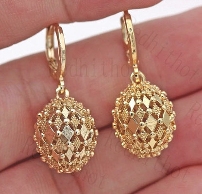 Classic Gold Drop Earrings Engraved Metal Hollow Sphere Design