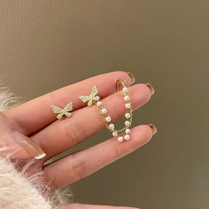 Korean Pearl Tassel Butterfly Earrings Women Dangle Jewelry