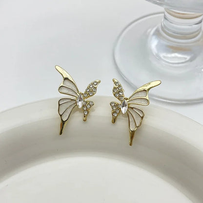 Butterfly Stud Earrings for Women White Enamel & Crystal Wings