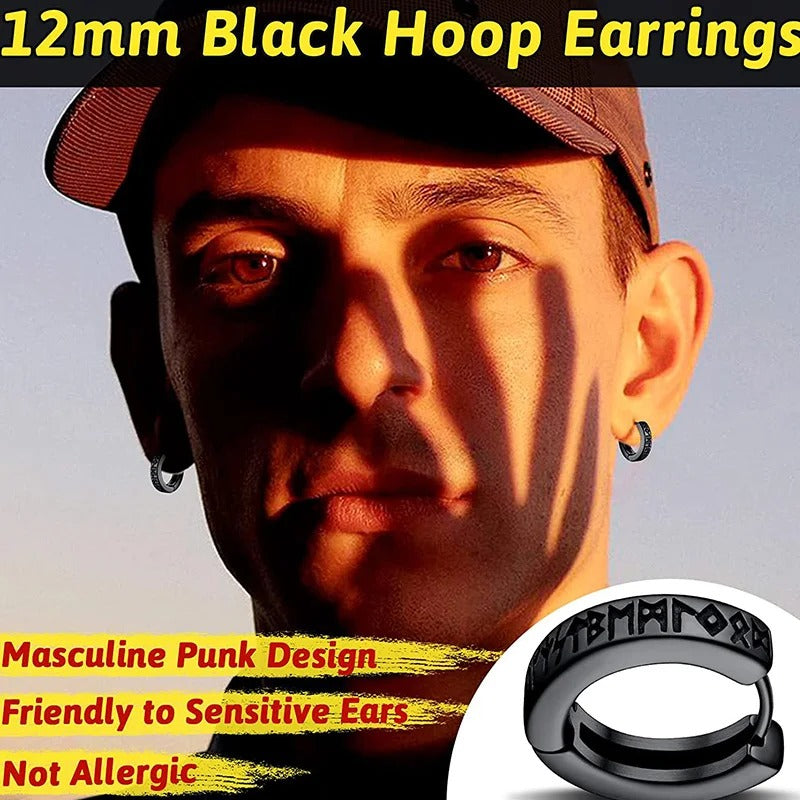 Norwegian Viking Rune Hoop Earrings 12mm Unisex Stainless Steel