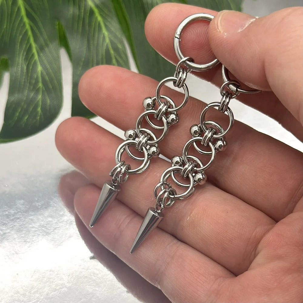 Handmade Stainless Steel Spike Hoop Earrings for Women Grunge Chain Dangle Earrings