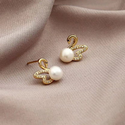 Korean 925 Silver Swan Earrings Hollow Crystal Pearl Studs