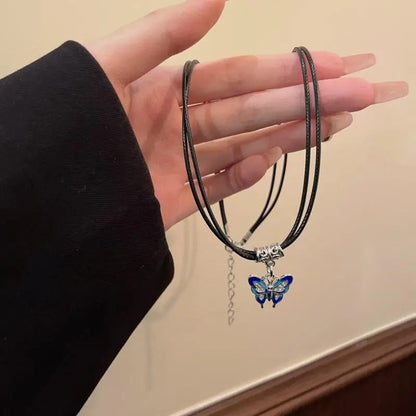Men & Women Double Layer Leather Choker Necklace Butterfly Pendant
