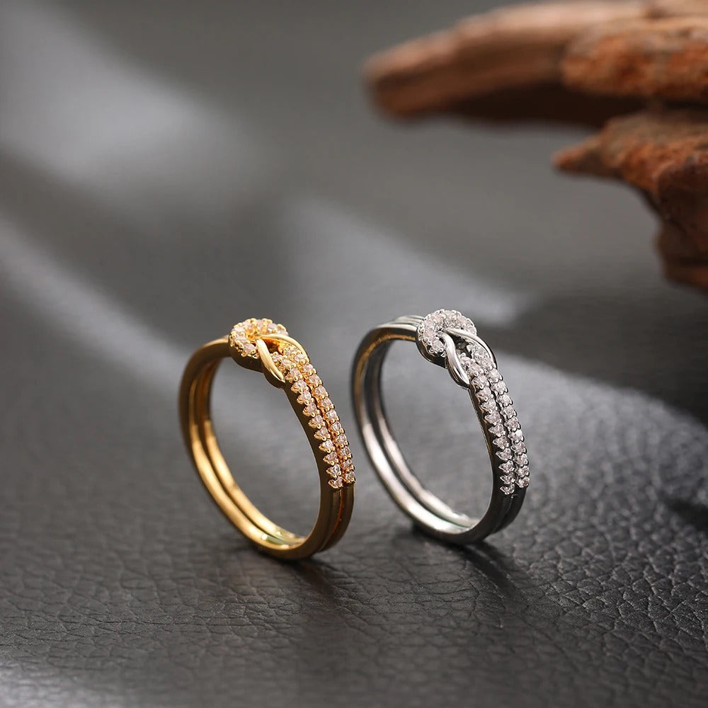 Bilayer Geometric Knot Ring Luxury Zircon Couple Jewelry