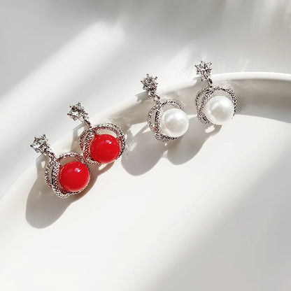 Red White Ball Dangle Earrings Women Crystal Drop Jewelry