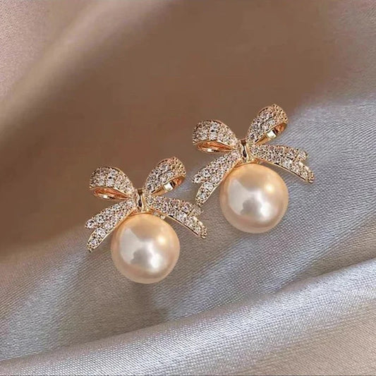 Elegant Micro Set Zircon Bowknot Pearl Pendant Earrings 2025 New Design Jewelry for Womens Girls Fashion Ear Accessories