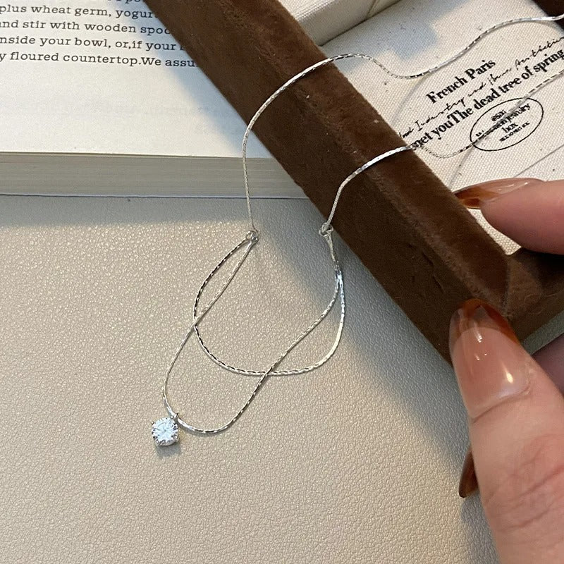 Elegant Double Layered Silver Necklace Four Claw Zircon Jewelry