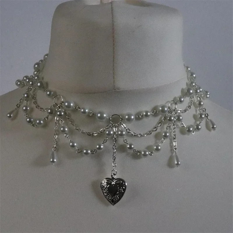 Pearl Heart Locket Style Layered Necklace Handmade Y2K Necklace Perfect For Weddings Prom or Victorian/Regency Cosplay Jewelry