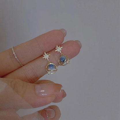 Cosmic star and river earrings for women, unique blue opal niche planet earrings, versatile ear jewelry