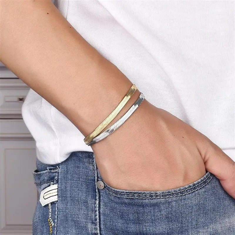 Stainless Steel Snake Chain Bracelet Gold Charm for Men & Women