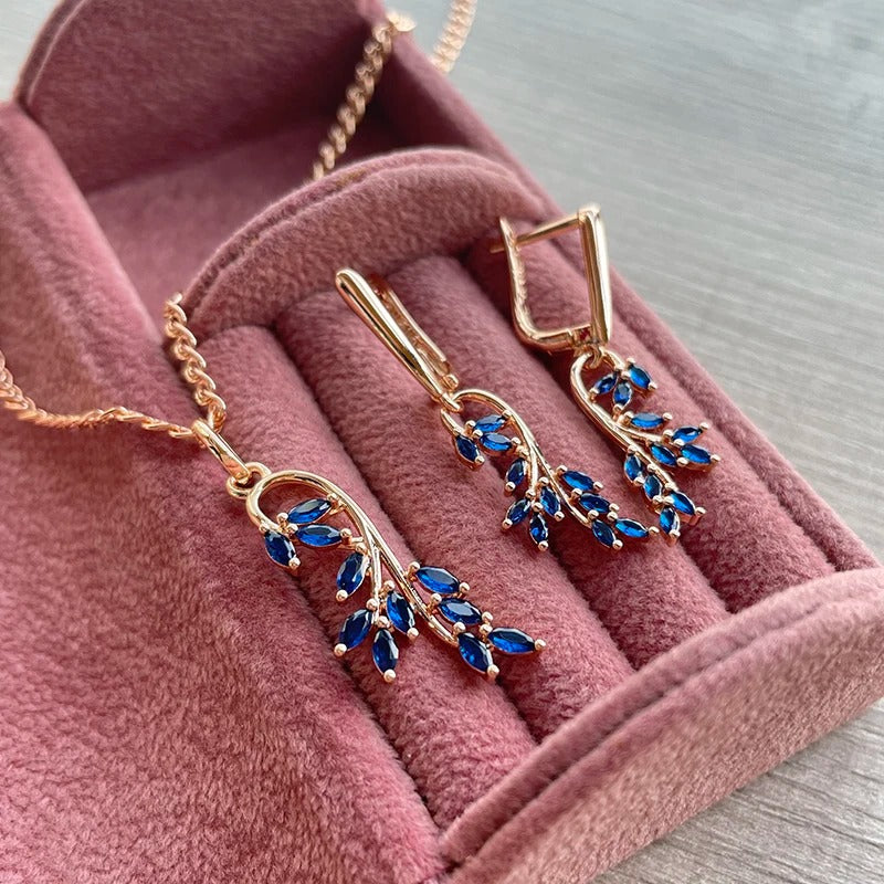 Blue Natural Zircon Leaf Shape Dangle Earrings For Women 585 Rose Gold Color Long Earrings Party Gift