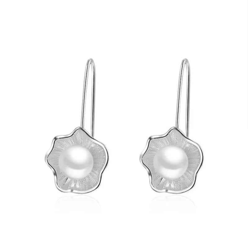 925 Sterling Silver Lotus Pearl Dangle Earrings Women Jewelry