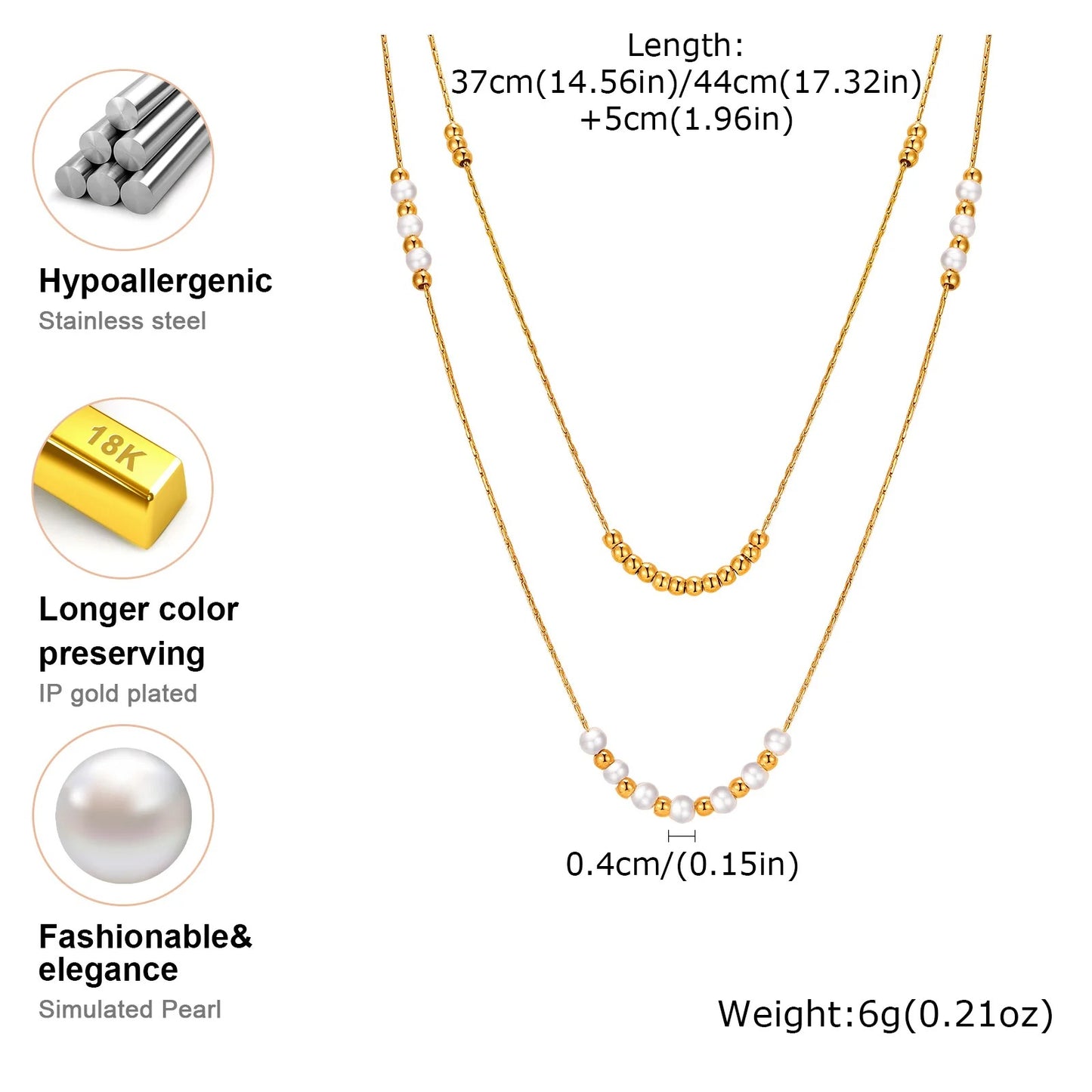 Elegant Double Layer Pearl Bead Necklace Stainless Steel Hammer Chain