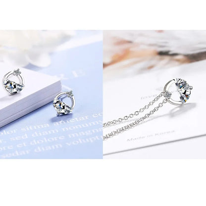 Elegant Blue Crystal Earrings & Necklace 925 Silver Women