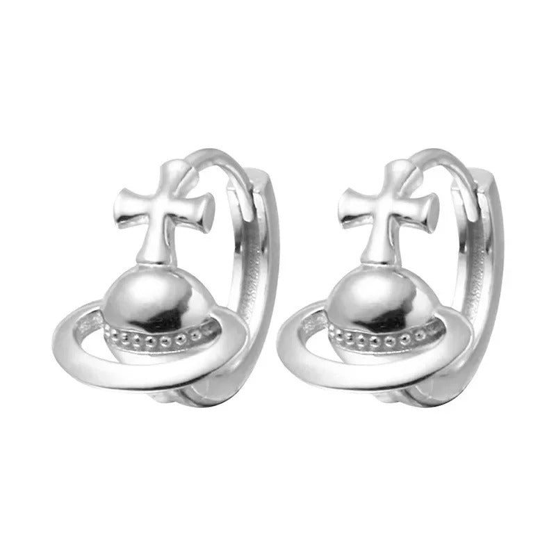 Silver Color Korean Cross Cosmic Planet Saturn Stud Earrings for Women 2025Wedding Party Jewelry Gift Korean Earring