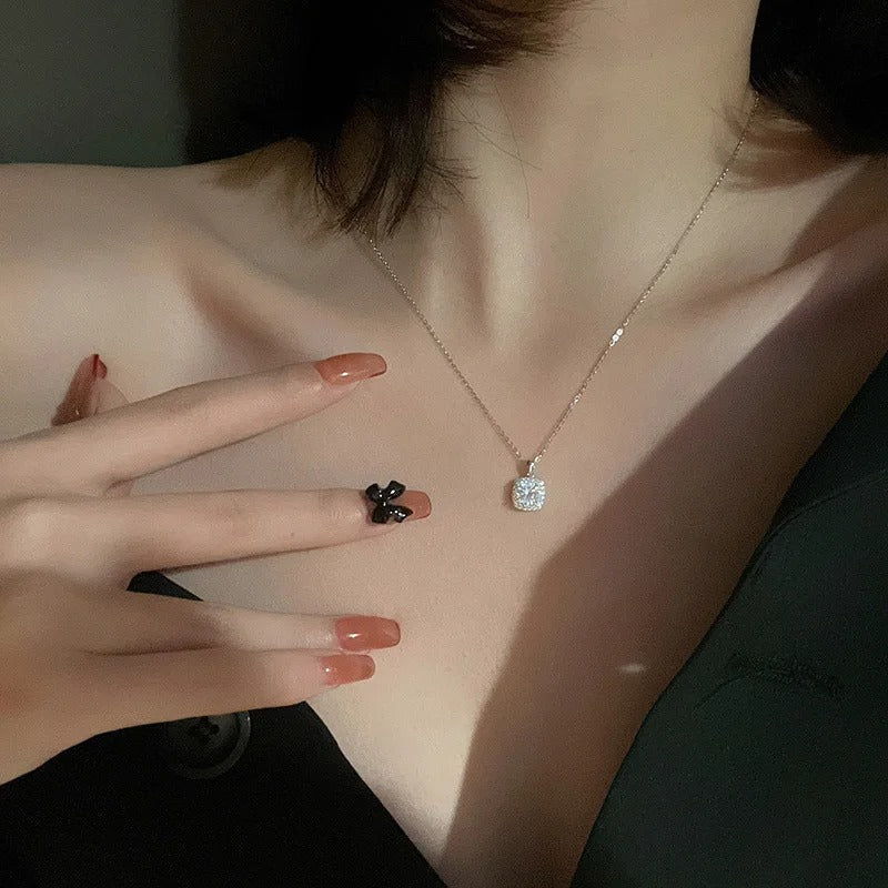 925 Sterling Silver Square Necklace Shiny Zircon Geometric Shape Pendant Simple Charm Women Choker Day Gift Fine Jewelry