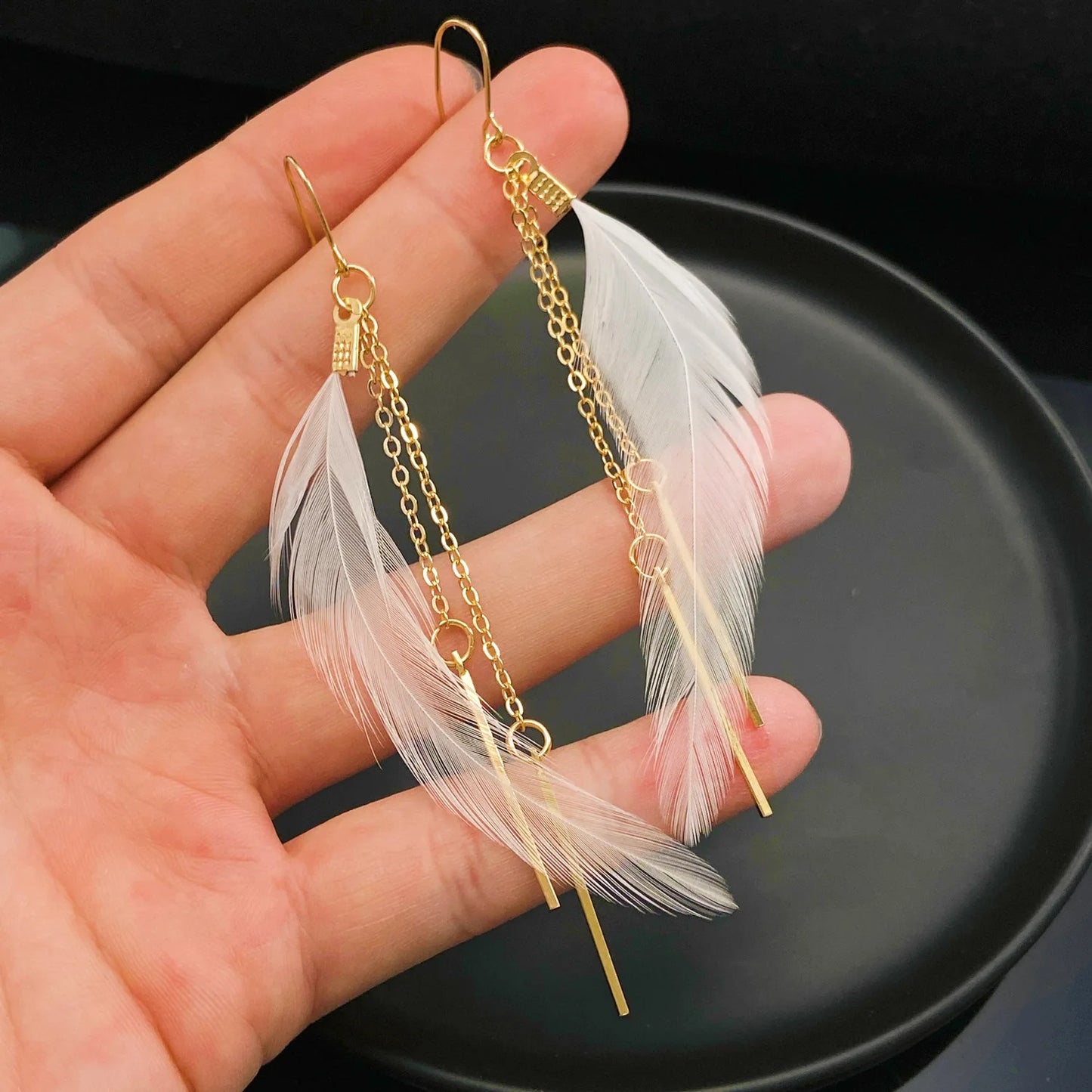 Feather Chain Tassel Long Earrings Women Simple Fashion Jewelry