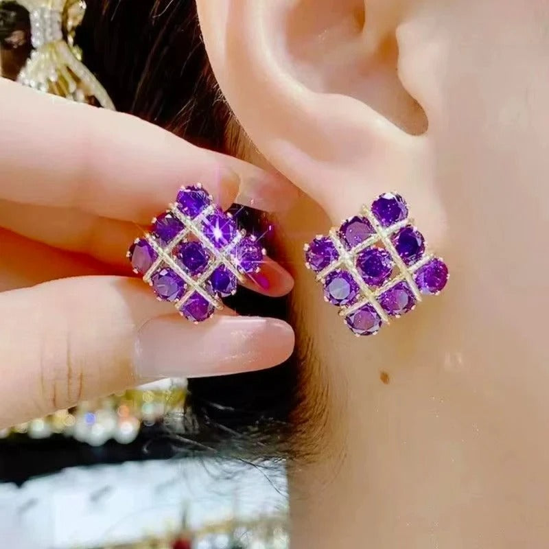 New Fashion Purple Zircon Square Stud Earrings Women Premium Gift