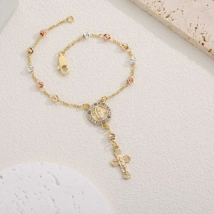 Virgin Mary Rosary Bead Cross Bracelet for Women Tri-color Style Bracelet for Women Fashion Bangle Jewelry