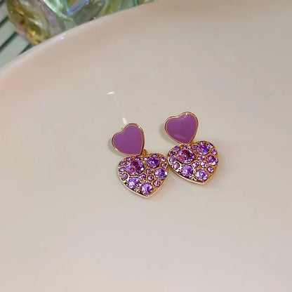 Korean Purple Crystal Heart Drop Earrings 925 Silver Needle