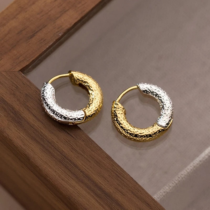 Retro Hiphop Two-tone Glossy Circle Round Hoop Earrings for Women Personality Stainless Steel Stylish Ear Hoops