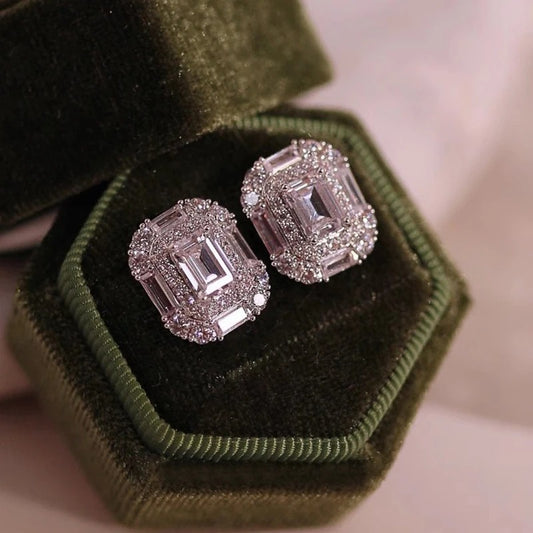 Luxury Geometric CZ Crystal Stud Earrings for Women Bridal Jewelry