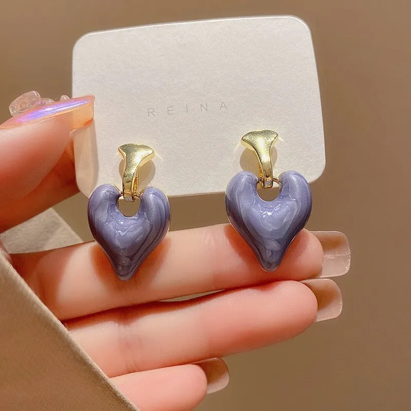 Romantic Heart Drop Earrings Women Silver Needle White Purple Pink
