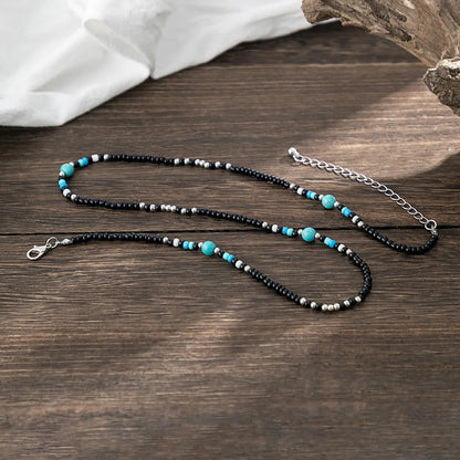 Synthetic Turquoise Necklaces for Men Boys,Mini Black Beaded Necklaces,Summer Beach Male Jewelry