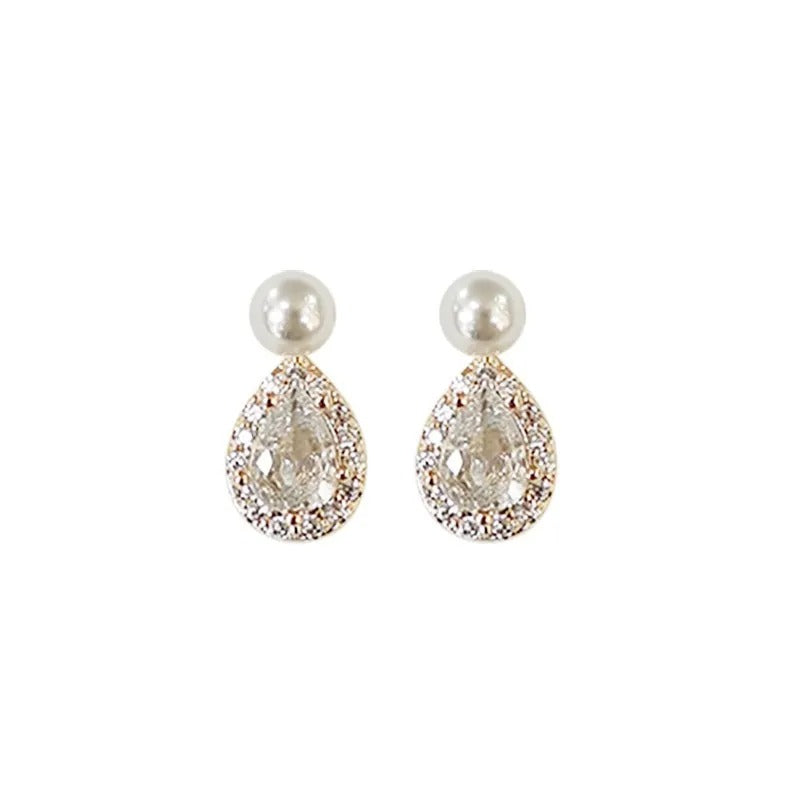 S925 Sterling Silver 14k Gold Plated Pearl Stud Earrings Water Drop Shiny Zircon Morning Dew Earrings for Women Wedding Jewelry