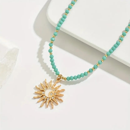 Vintage Golden-Toned Sun Pendant Necklace for Women Elegant Beads Chain Choker Neck Statement Party Jewelry Gifts