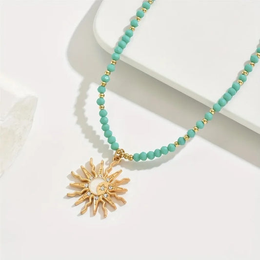 Vintage Golden-Toned Sun Pendant Necklace for Women Elegant Beads Chain Choker Neck Statement Party Jewelry Gifts