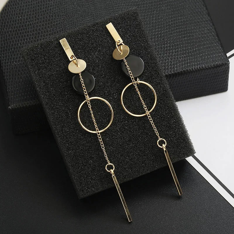 Trendy Long Tassel Drop Earrings Black Acrylic Metal Circle for Women