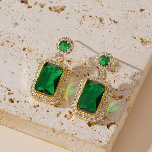 Green Square Crystal Dangle Earrings Women Korean Fashion Jewelry