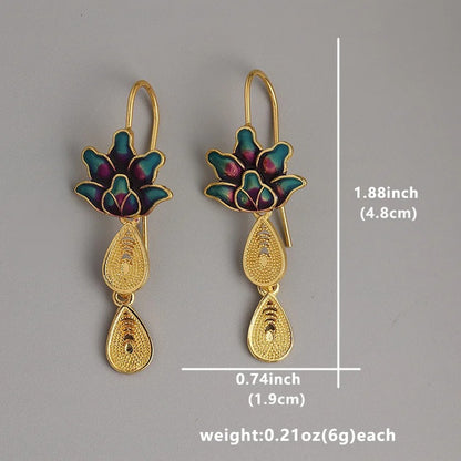 Blue Lotus Flower Drop Earrings for Women Gold Teardrop Statement Jewelry Gift