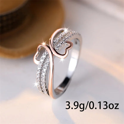 Two-Tone Rose Gold & Silver Double Heart Ring for Women