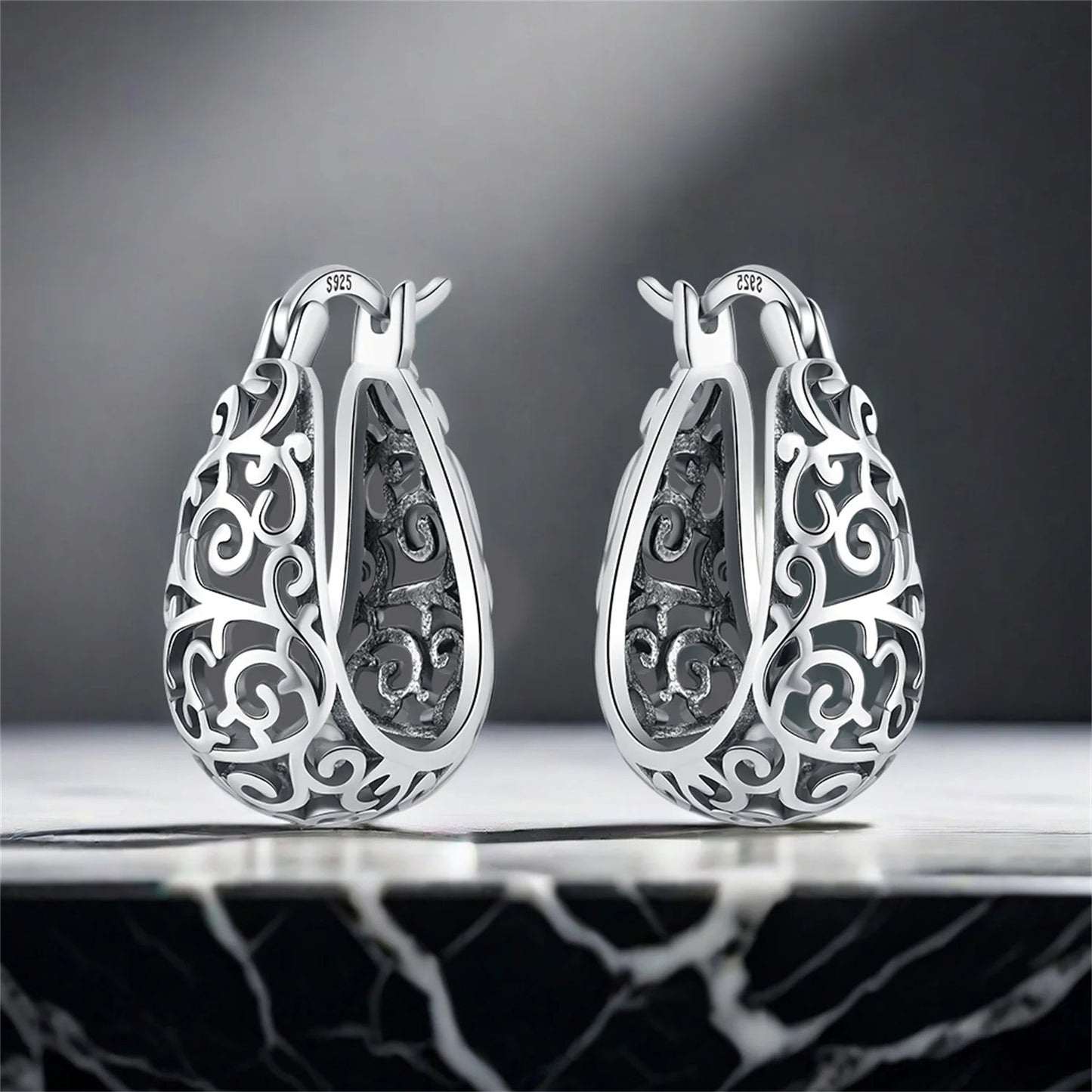 Vintage Vine Series 925 Sterling Silver Hoop Earrings
