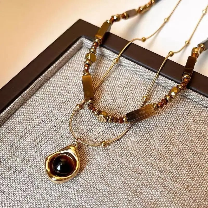 Layered Tiger Eye Stone Pendant Necklace For Women Stainless steel Double-Layer Collarbone Chain Sets Jewelry