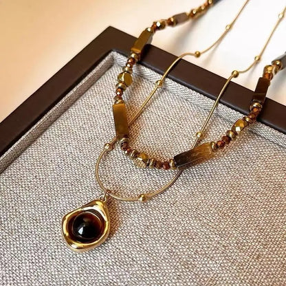 Layered Tiger Eye Stone Pendant Necklace For Women Stainless steel Double-Layer Collarbone Chain Sets Jewelry