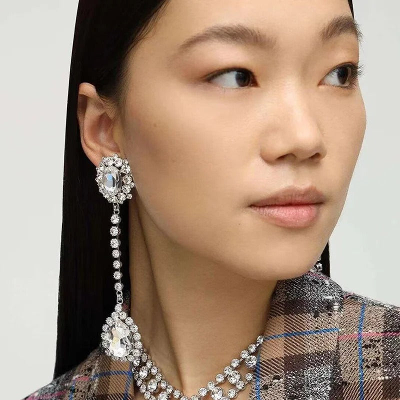 Rhinestone Long Oval Earrings Water Drop Pendant Jewelry for Women
