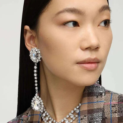 Rhinestone Long Oval Earrings Water Drop Pendant Jewelry for Women