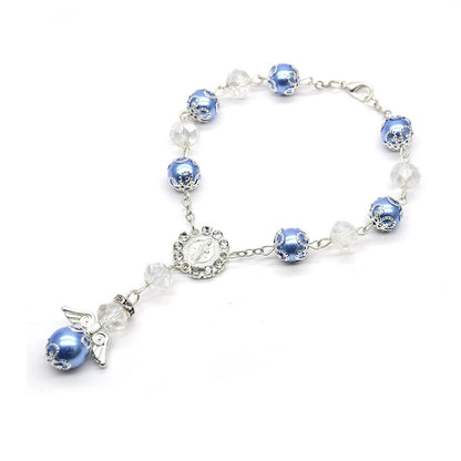 Angel Baptism Pearl & Crystal Rosary Bracelet White Blue